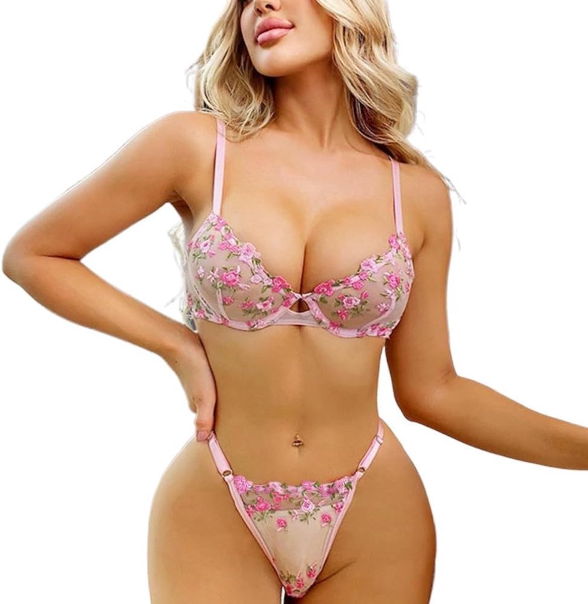 Dames Lingerieset - Sexy Babydoll en Push Up Bh - Bloemen en String - Verleidelijk en Comfortabel - ShopVlot