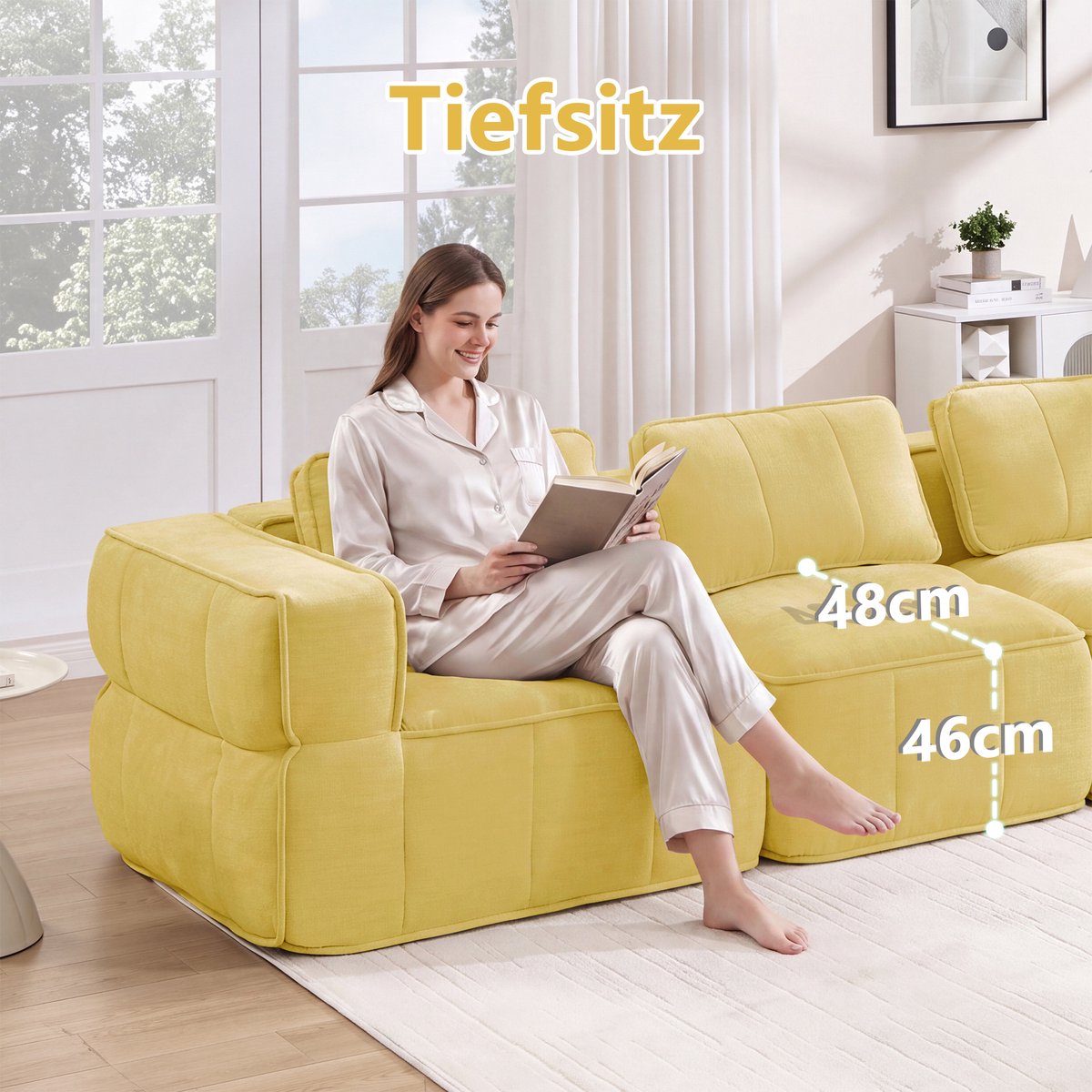 OKWISH 4-Zits Bank - Modulaire Zitbank Met Diepe Zit En Zachte Bekleding - Voor Woonkamer En Lounge - Polyester - Geel