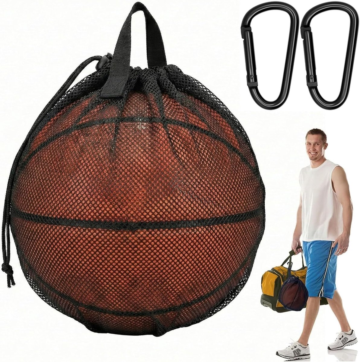 SnelShoppen - Basketbaltas met Trekkoord en Karabijnhaak - Draagbare Balrugzak - Duurzaam Oxford-Mesh voor Basketbal en Voetbal - Ideaal voor Sport en