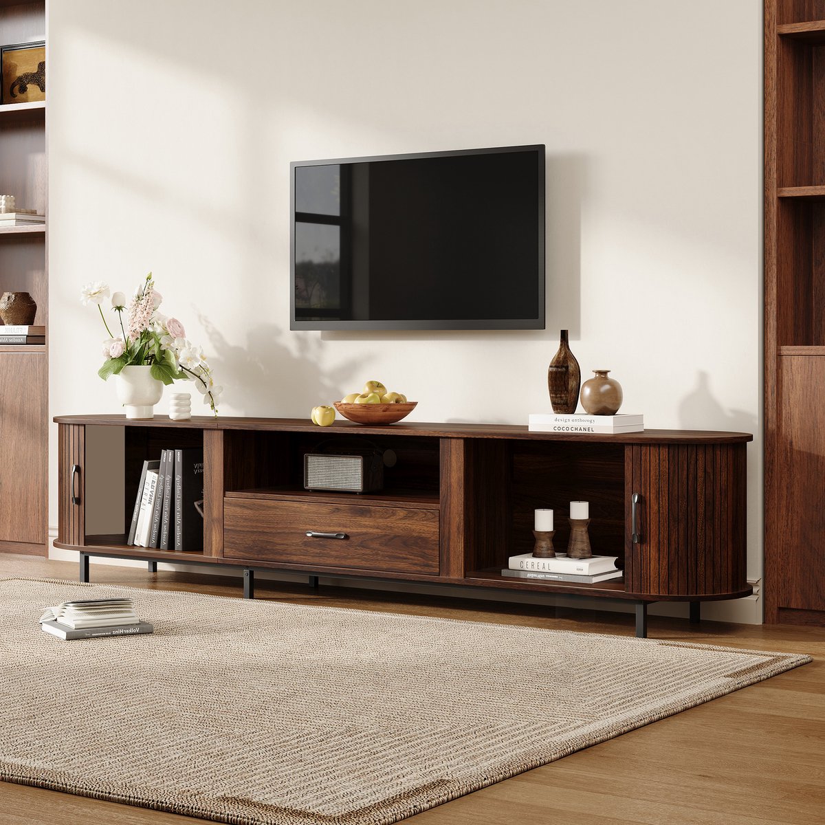 DESMIU TV Meubel - Retro Walnoot Met Schuifdeuren En Lade - Voor Woonkamer En 75 Inch Tv - MDF En Metaal - 180x40x50 Cm