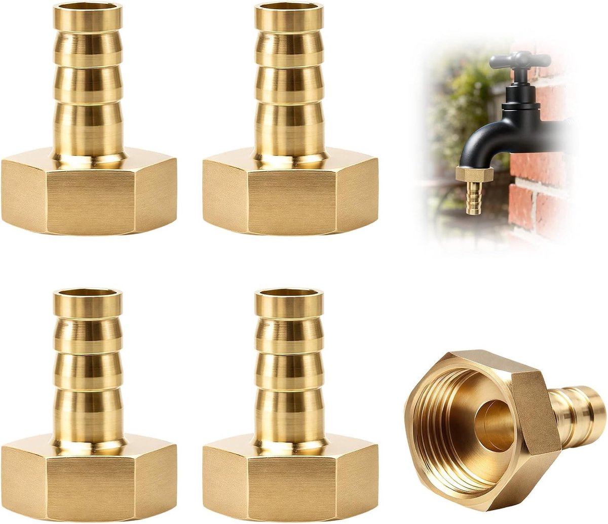 Set van 5 Messing Slangverbinders G1/2 10 mm voor Diverse Toepassingen, Duurzaam Materiaal voor Verbinden van Leidingen en Systemen, Slanguitgang voor Water en Lucht