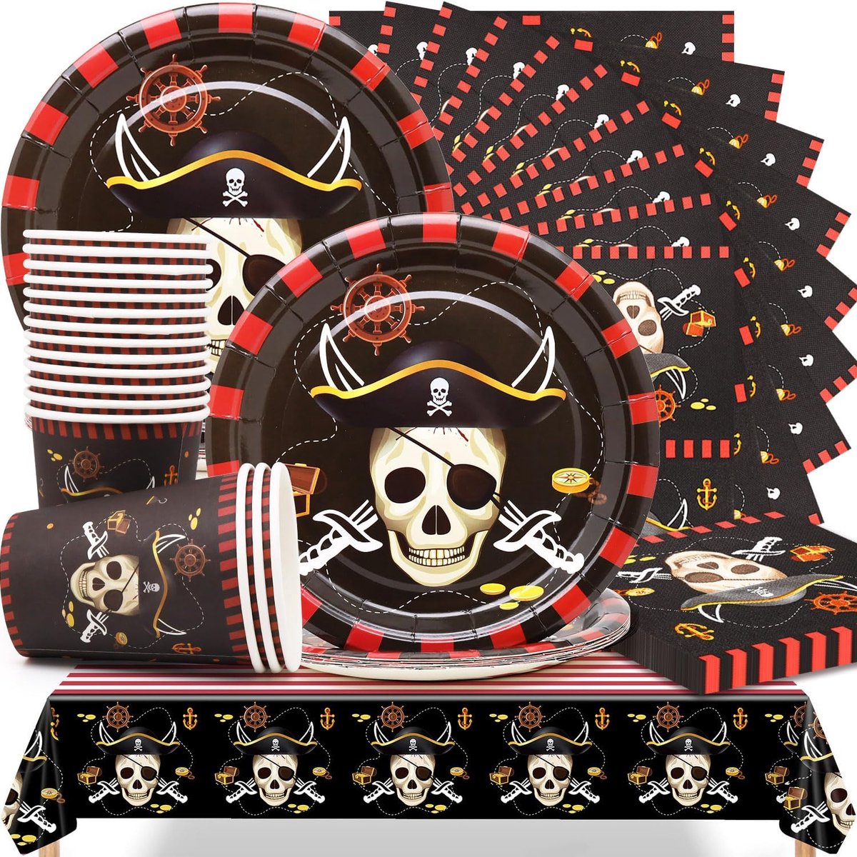 Pirates Birthday Tableware Set - Treasure Cards Decoration Set Including 16 Dessert Plates,16 Cups,20 Napkins and 1 - ShopVlot