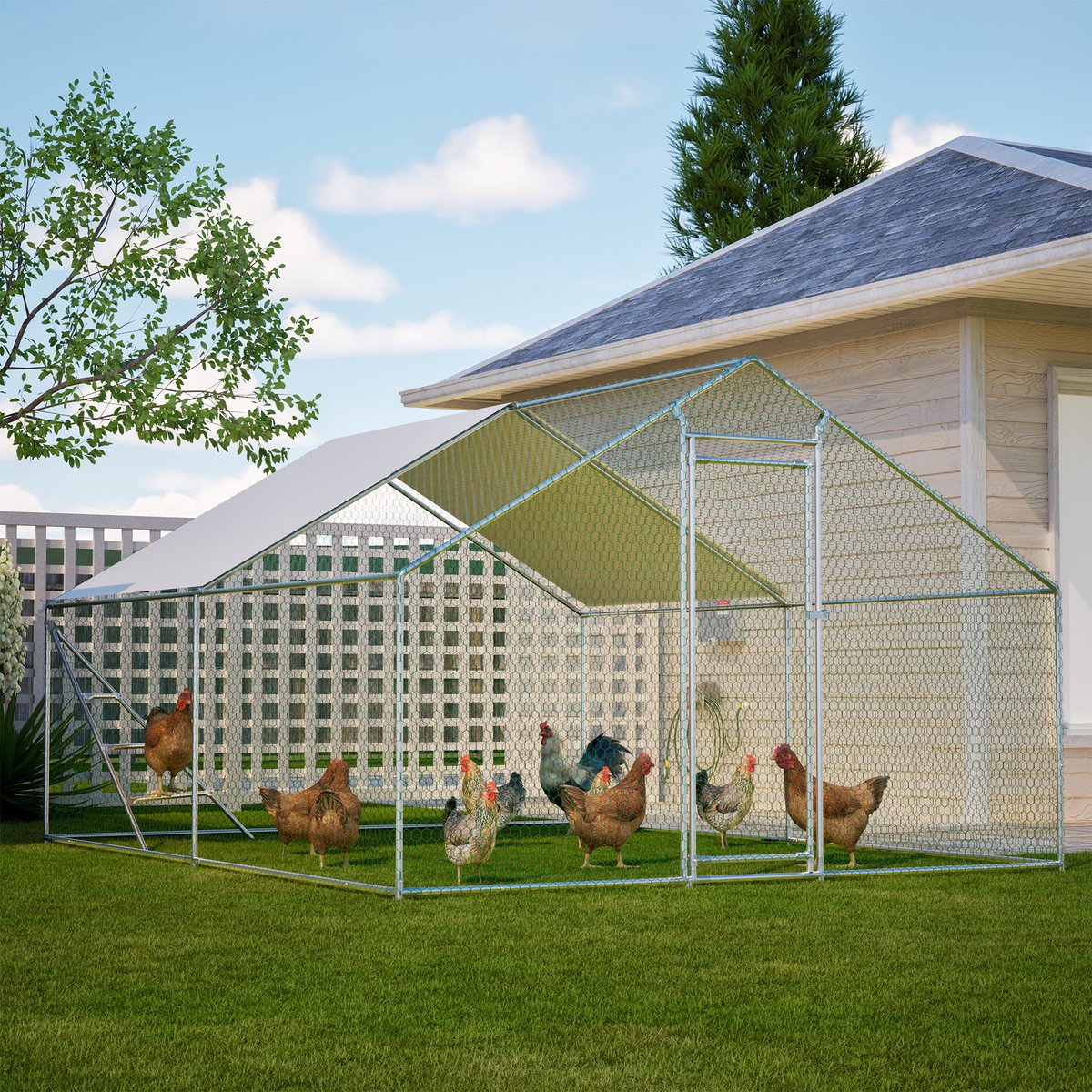 COVREO Kippenren met dak 303x400x200 cm, zilver, gegalvaniseerd staal met slot