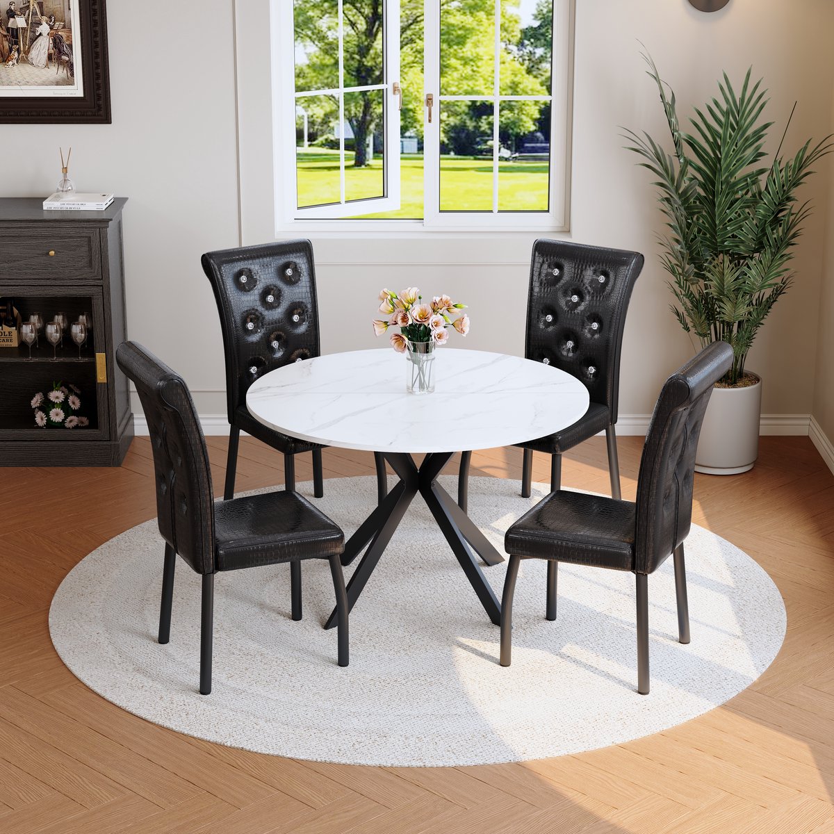 DESMIU Eetkamerset - Ronde Eettafel 4 Stoelen - Wit Marmerlook Blad Met Zwarte Metalen X Onderstel - Voor Eetkamer En Keuken - Hout En Metaal - Zwart Wit