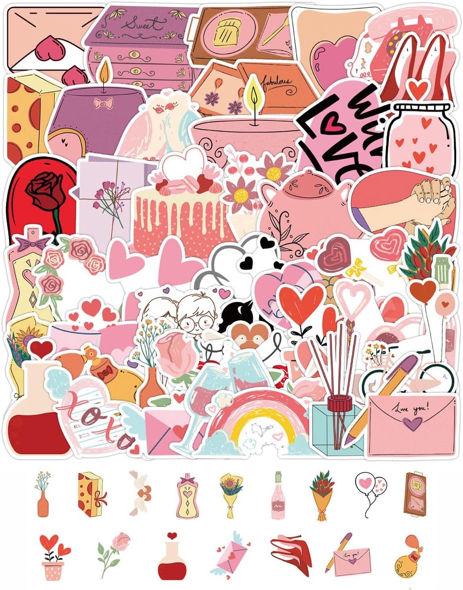 50 stuks Valentijnsdagstickerset, esthetische stickers met liefde en hartmotieven voor fiets, koffer, laptop - ShopVlot