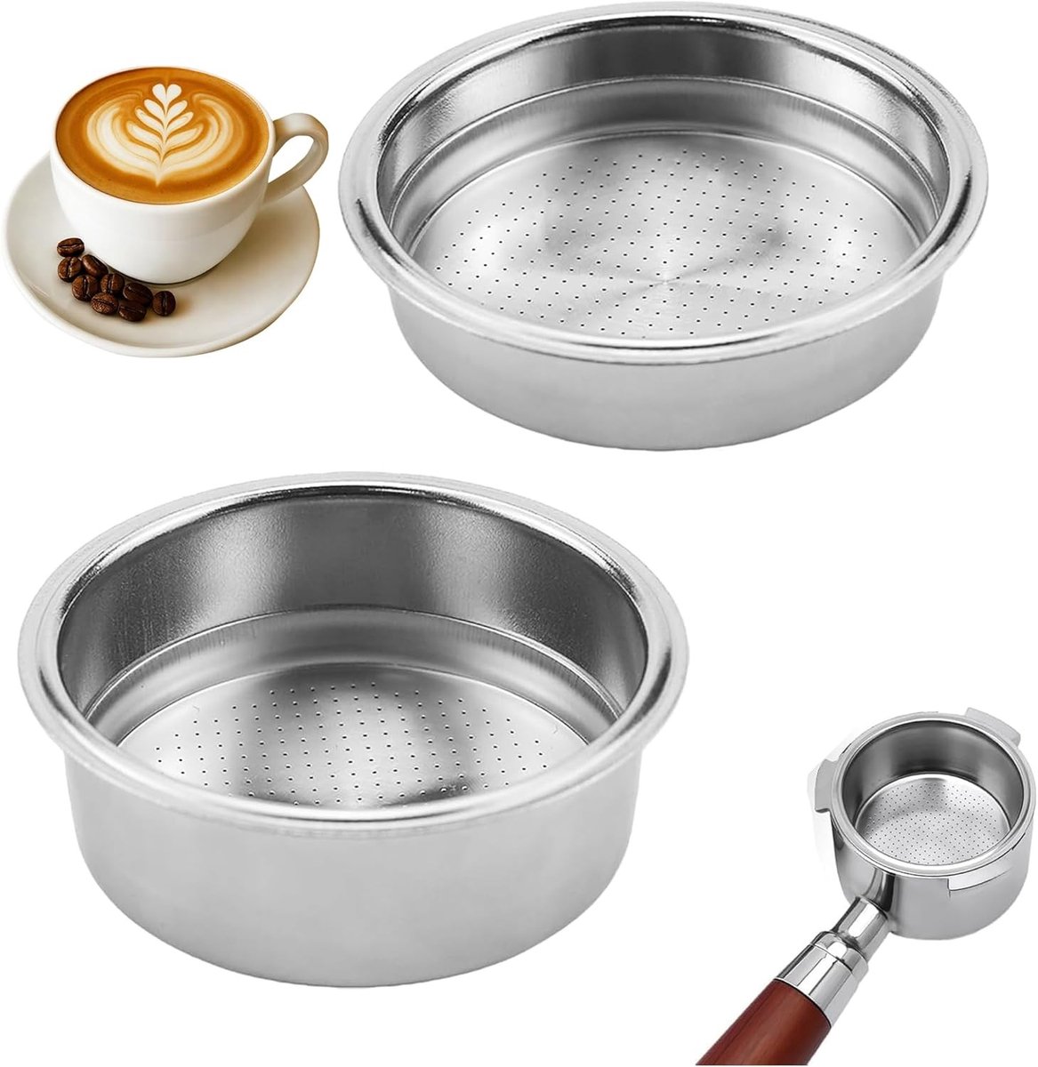 Herbruikbare roestvrijstalen koffiezeefjes voor espresso, 2 stuks, geschikt voor 1 & 2 kopjes, 51 mm, ideaal voor koffiemachines