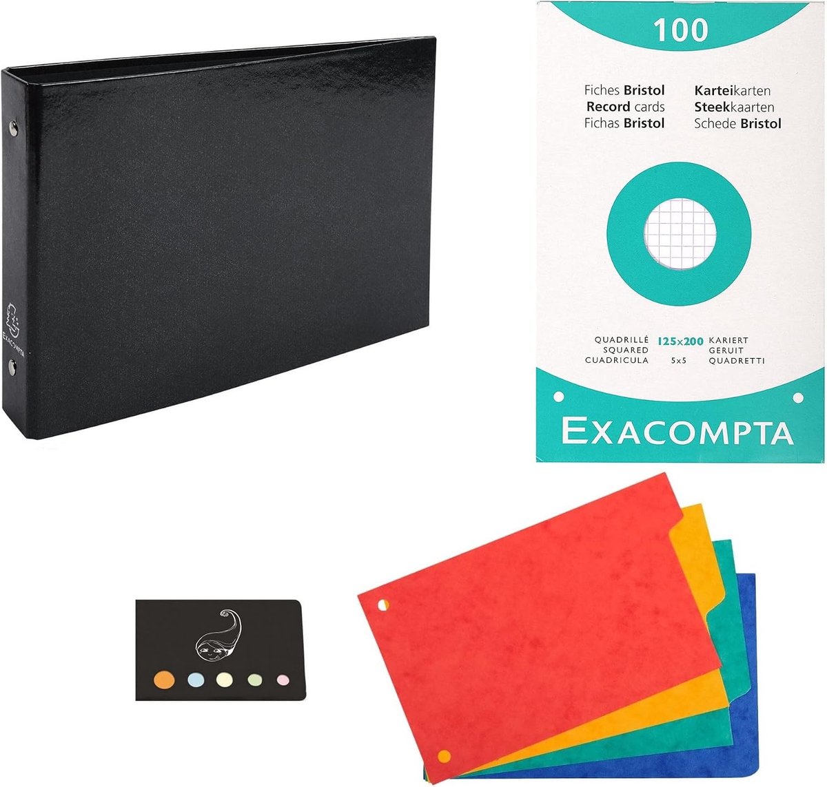 Set of 1 index card folder + 4 tabs + 100 index cards Bristol 125 x 200 small diamonds + 1 index Blumie (black) - ShopVlot