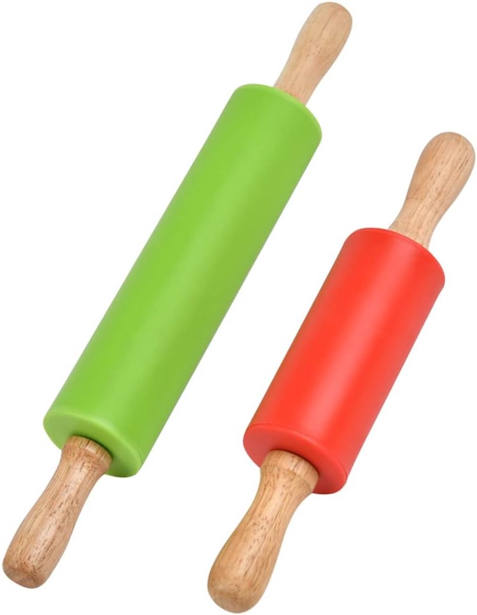 RIVLOP 2pcs Wooden Handle Silicone Rolling Pin,Non-Stick Silicone Pastry Dough Flour Rollers Kitchen Baking Cooking - ShopVlot