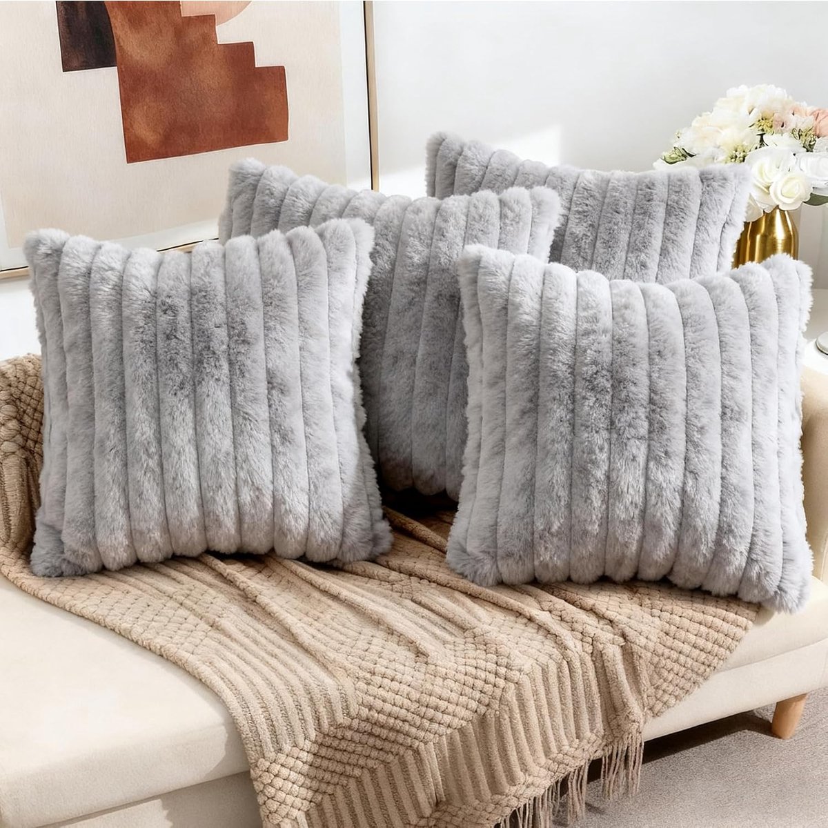 Set of 4 Plush Velvet Cushion Covers 40×40cm, Soft Faux Fur Cushion Covers, Soft Decorative Pillowcases with Invisible - ShopVlot