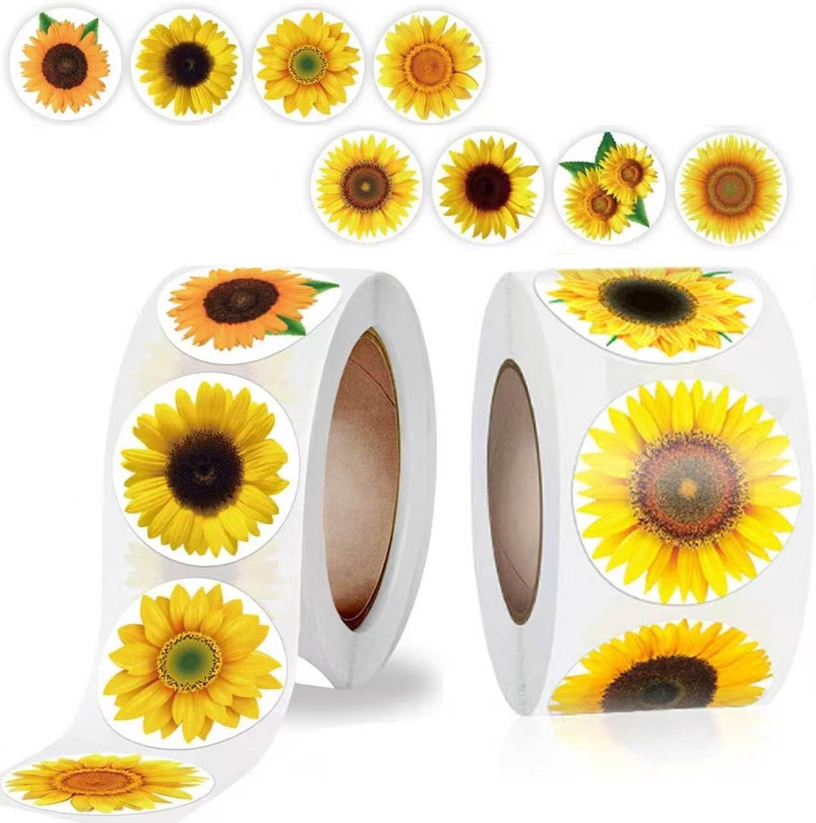 1000 stuks zonnebloemstickers, stickerrol met 8 zonnebloemenpatronen, 2,5 cm, zonnebloemstickers voor wenskaarten - ShopVlot
