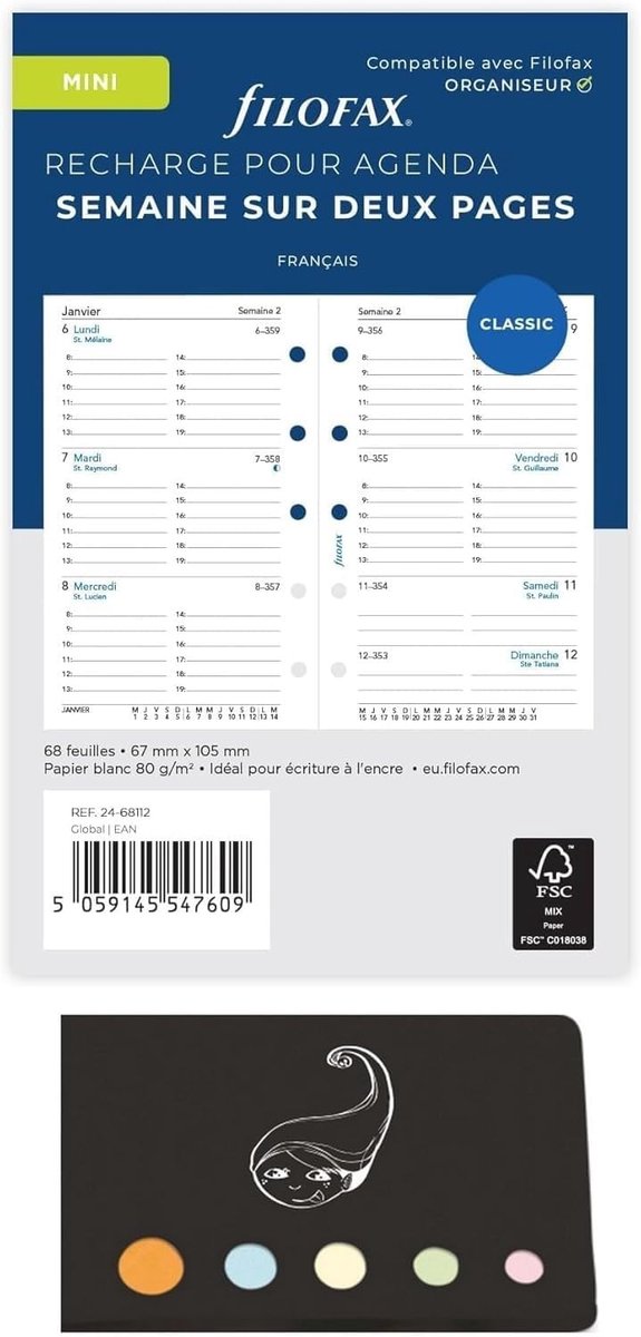 Filofax refill pack Mini 2023 horizontal French 1 week on 2 pages + adhesive tape Blumie (mini, white) - ShopVlot