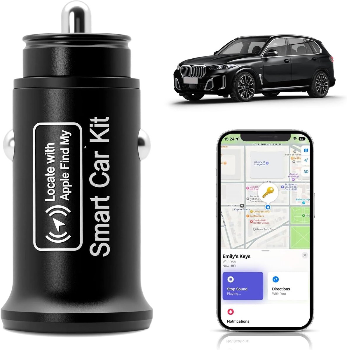 Car Zoom Transmitter, MFi Certified, 2-in-1 Fast Charger, 20 W, GPS Transmitter, Car, Compatible with Apple "Find My" - ShopVlot