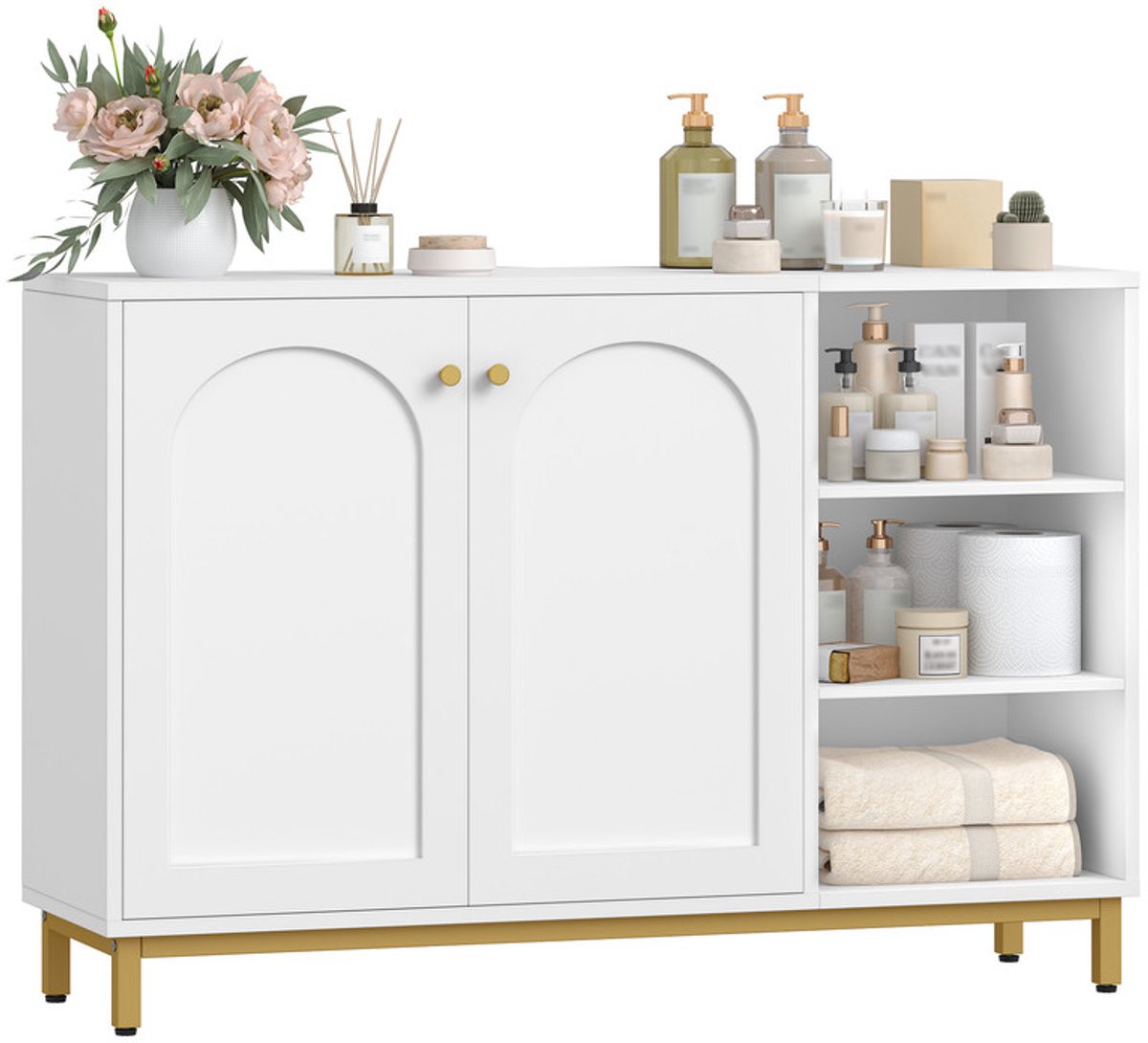 Hzuaneri Badkamerkast Dressoir met 2 Deuren en Verstelbare Plank,SC11203G Zijkast met 3 Open Vakken Badkamerkast voor Badkamer, Woonkamer, Keuken 35 x 120 x 80 cm Wit Goud
