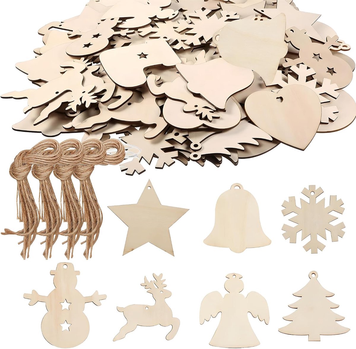 70 stuks houten hangers, natuurlijk hout, doe-het-zelf houtdecoratieset voor kerstboom, cadeauhangers en - ShopVlot