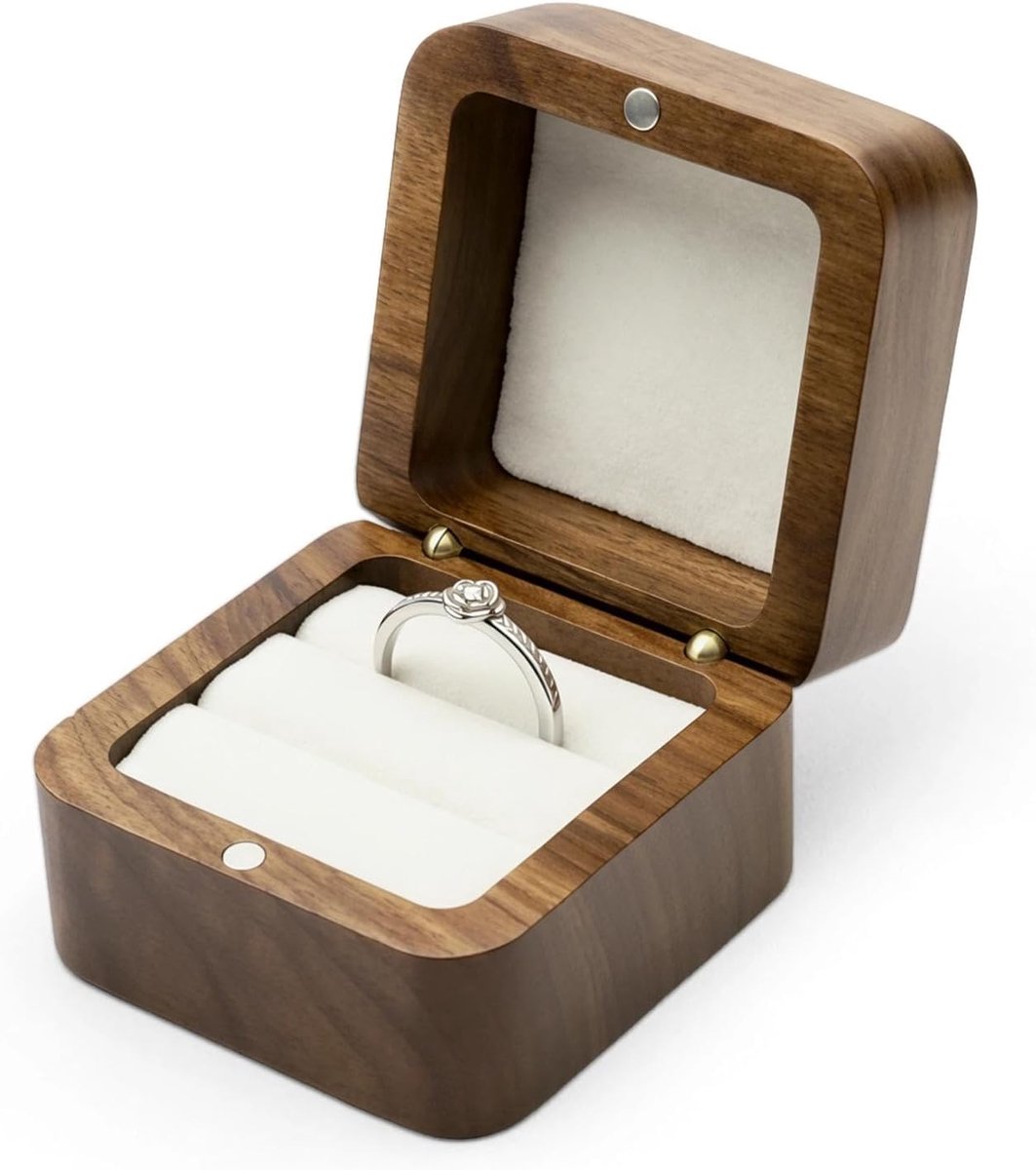 5.5x5.5x4cm Houten Ringendoos Dubbele Groef Witte Voering - Ringendoos van Notenhout, Zacht Fluweel, Krasbestendig - ShopVlot