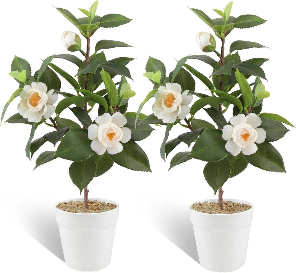 Pack of 2 artificial flowers in pot, artificial camellia artificial flowers as real fake flowers, white, Camellia - ShopVlot