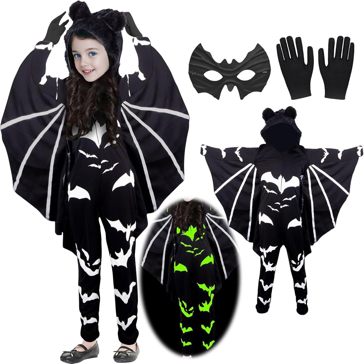 Halloween Bat Costume Kids Luminous Bat Cape Luminous Bat Suits Bat Costume for Girls Boys for Halloween Carnival - ShopVlot