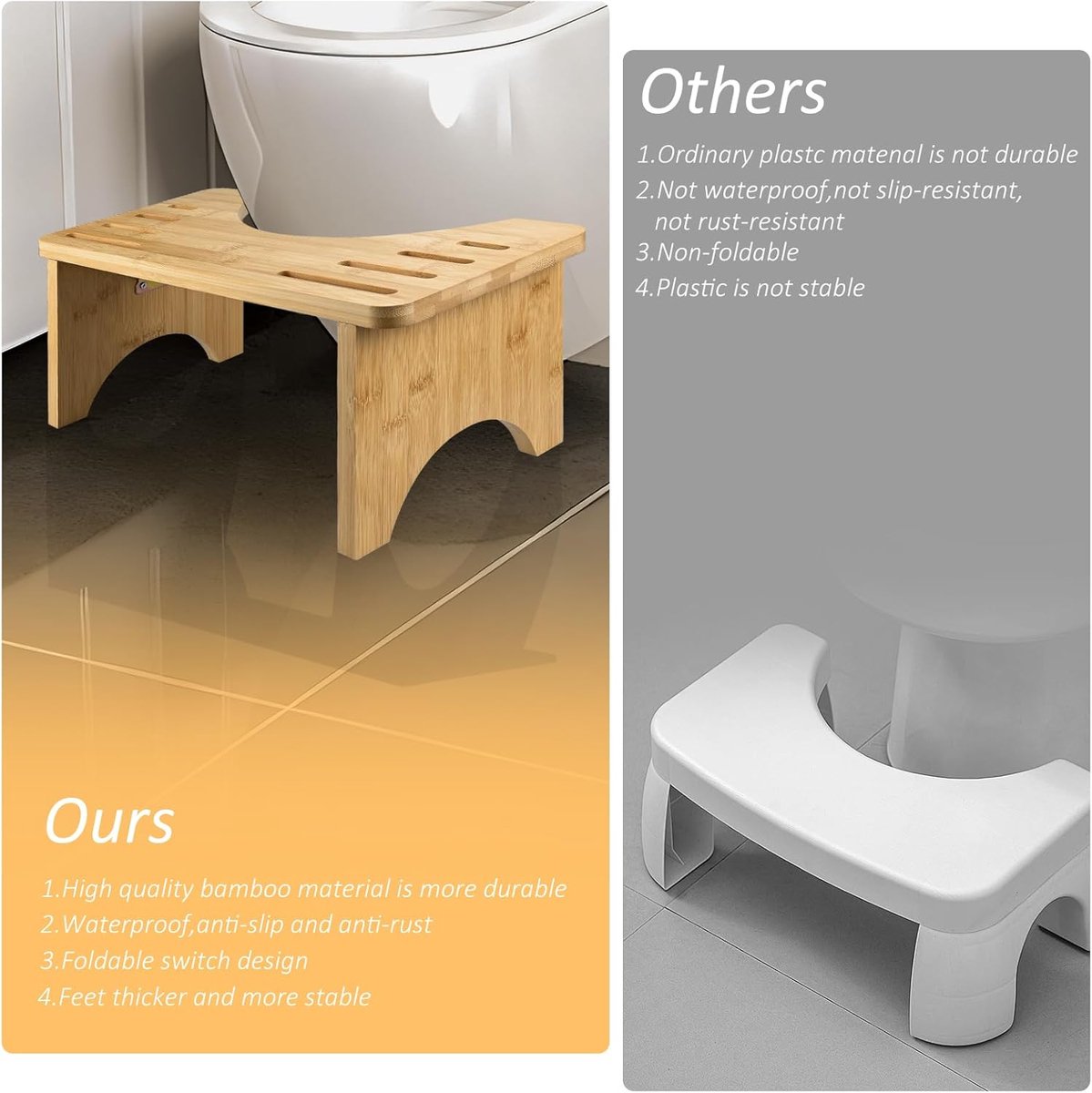 Bamboo Toilet Stool, Collapsible and Portable Healthy Bath Stool, Ergonomic Toilet Stool for Bathroom Against - ShopVlot