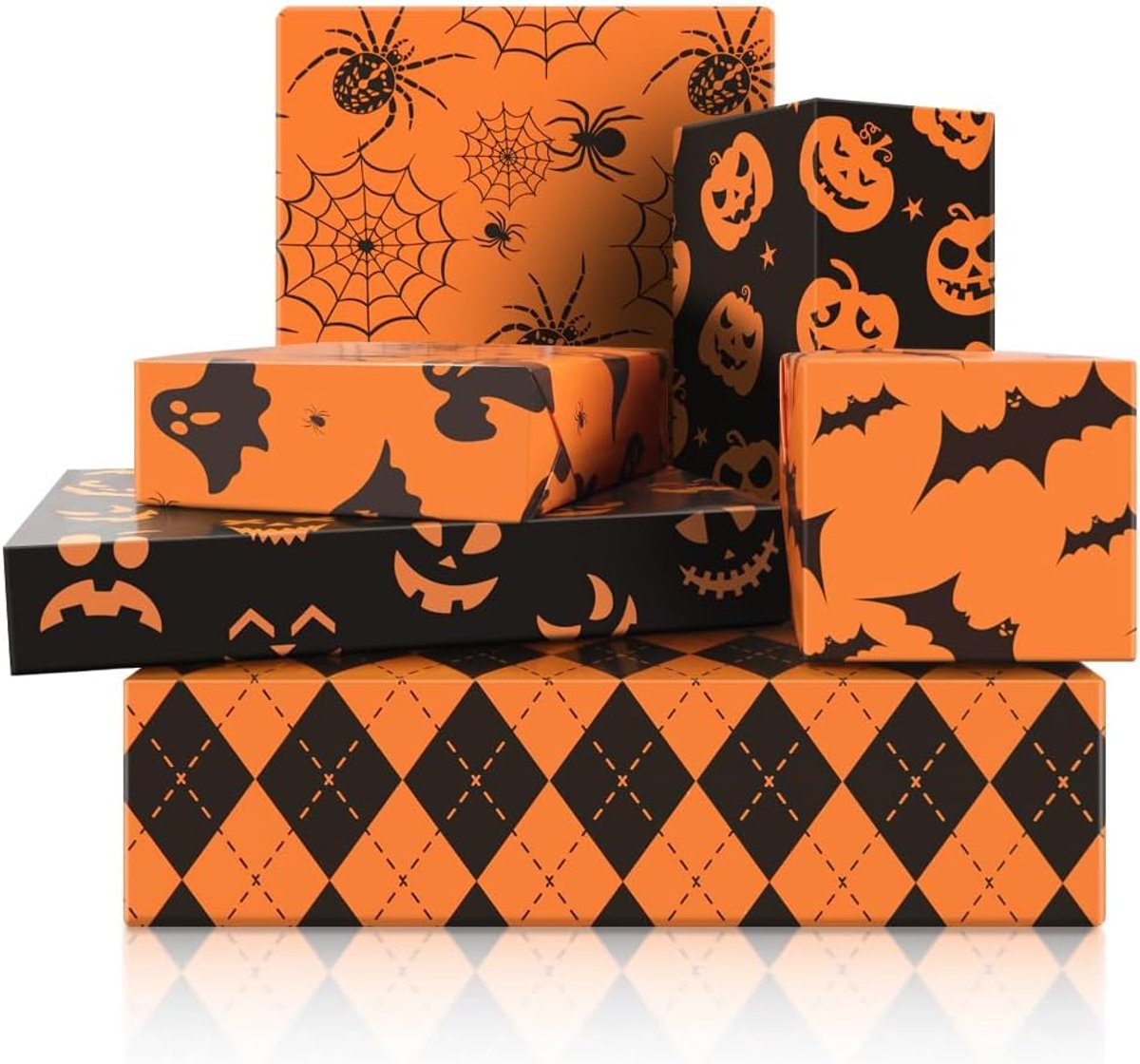 Boerni 6 vellen Halloween inpakpapier -niet rol - oranje zwarte geest pompoen spinnenweb cadeaupapier gevouwen plat - ShopVlot
