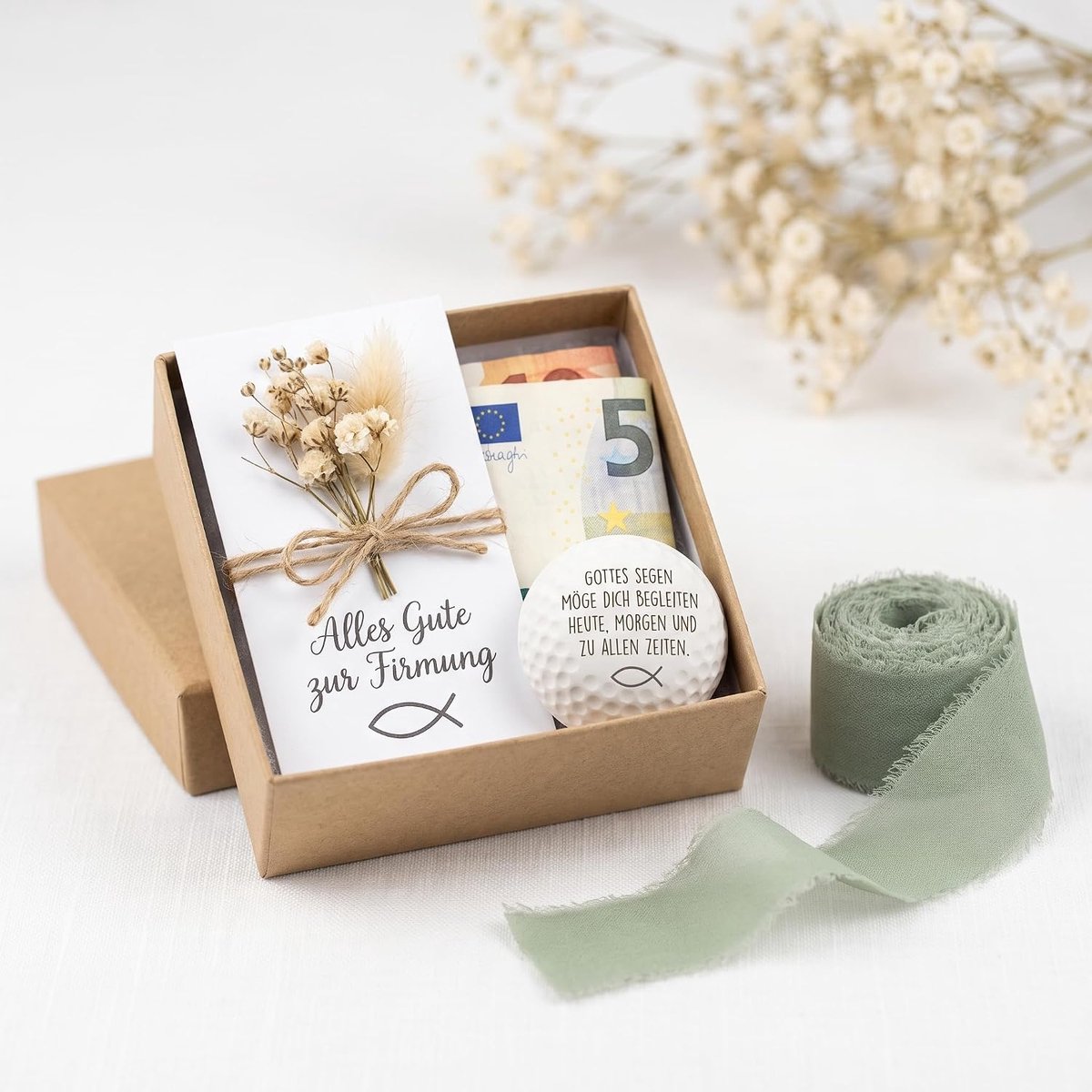 Confirmation cadeauset compleet, geldgeschenkverpakking met kraftpapier geschenkdoos, gedroogde bloemen, vouwkaart - ShopVlot
