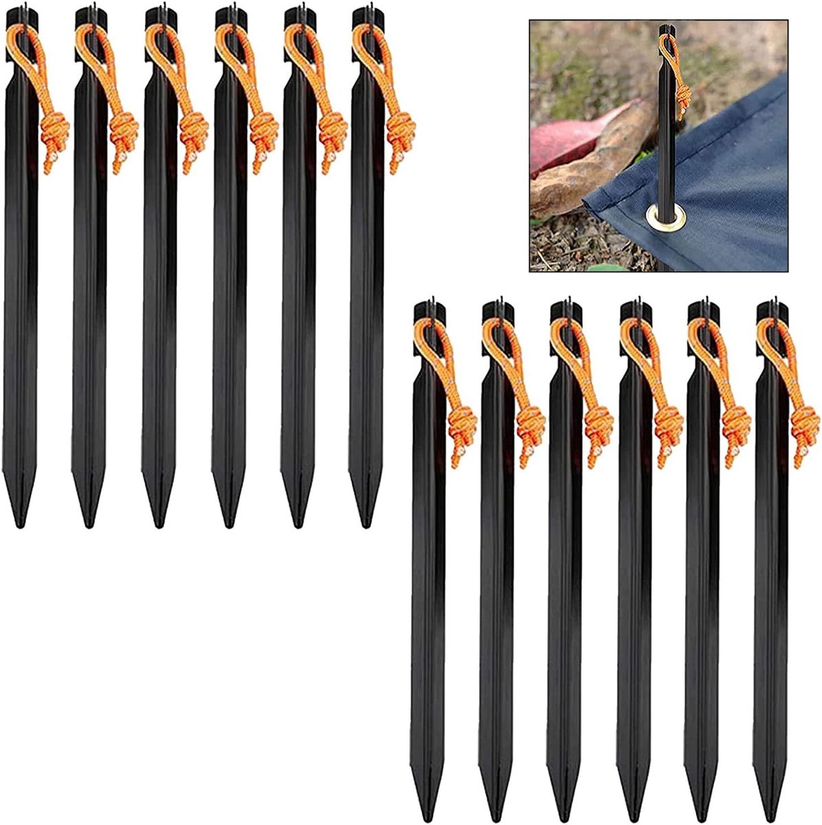 Pack of 12 Tent Pegs, Aluminium Pegs with Carry Bag, Camping Pegs for Camping, Outdoor, Beach, Garden, Hiking, Black - ShopVlot