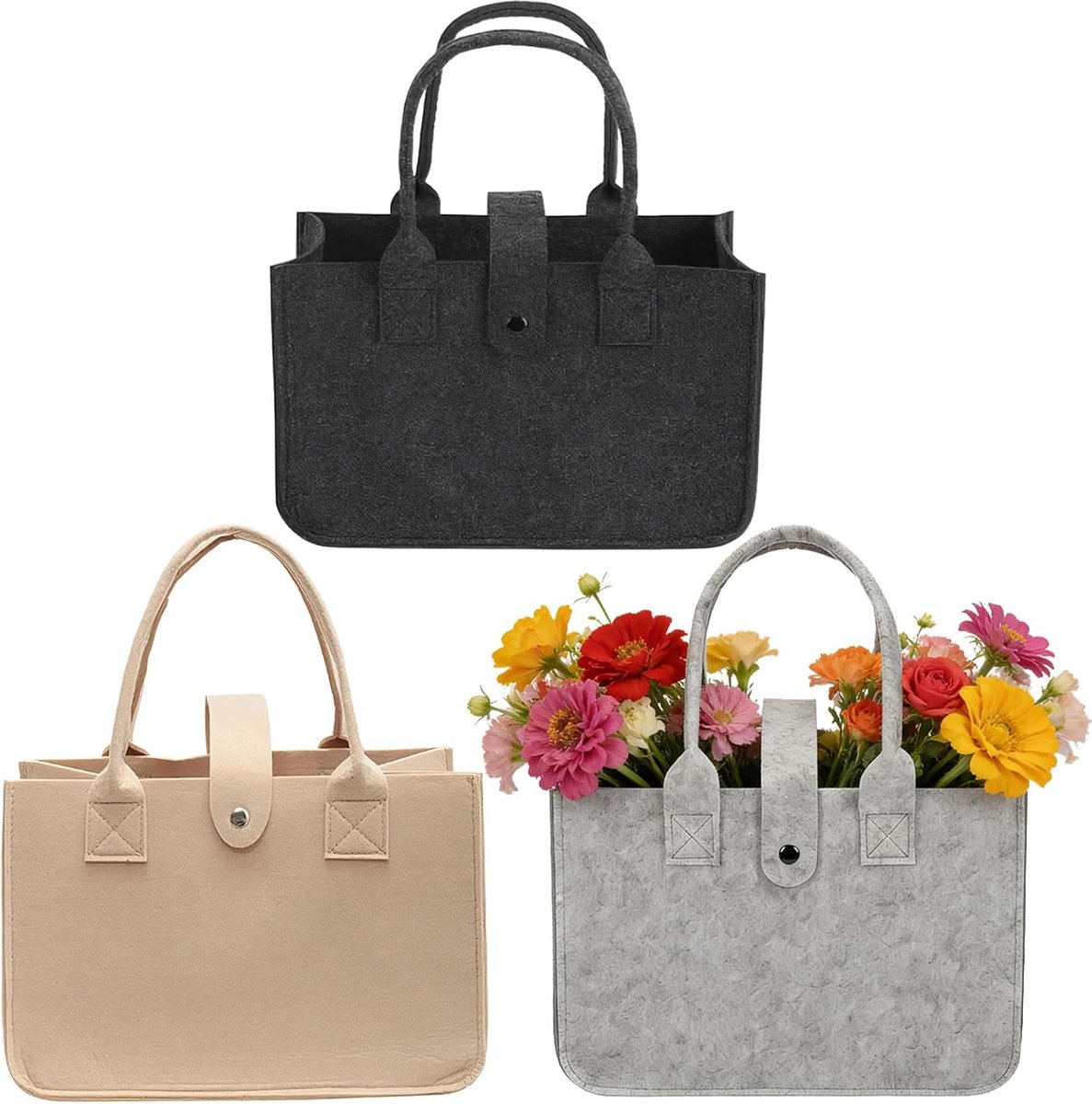 Felt Bags Shopper Pack of 3 Felt Bag Shopping Bag 30 x 18 x 20 cm Bag Felt Carry Bag Felt for Shopping, Travel, Work - ShopVlot