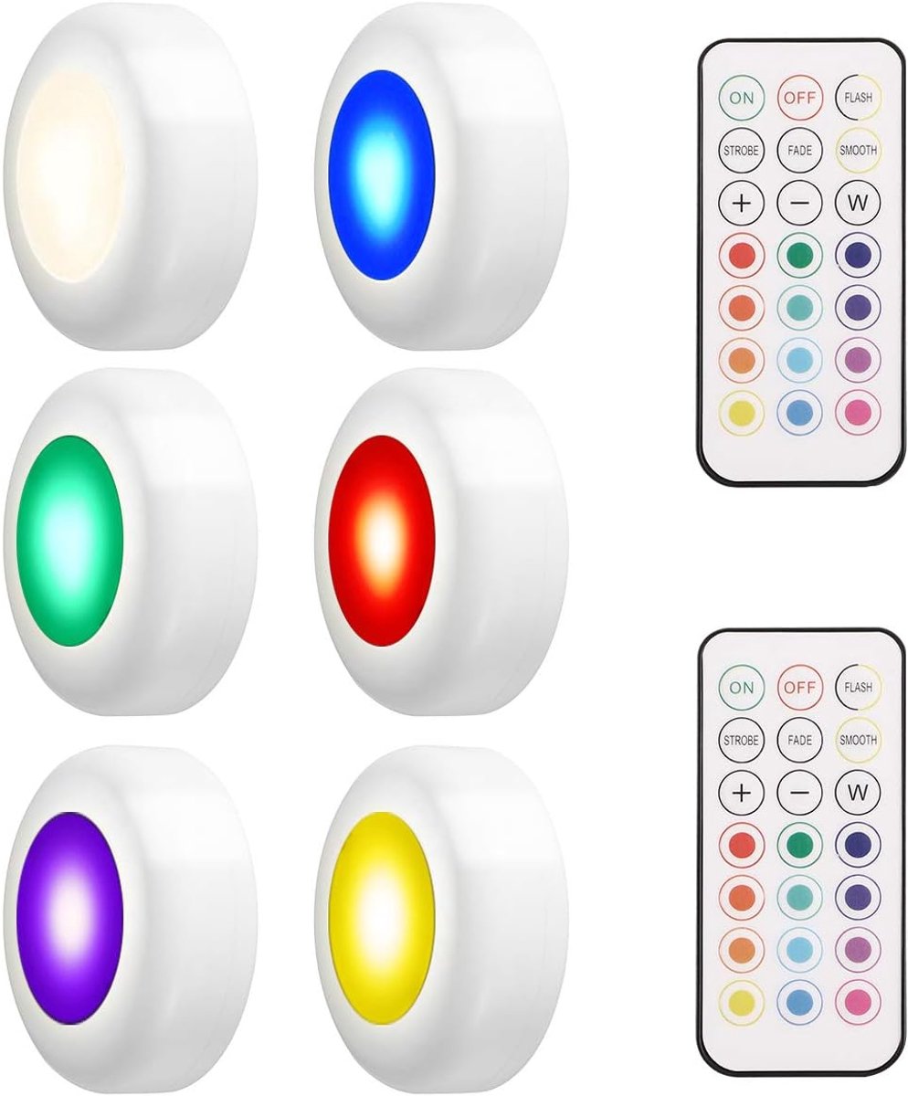 LEDGLE RGB Cabinet Lights LED Spot Battery Operated Night Light with Remote Control, 4 Color Modes, 50lm, 3W, 6 Pieces - ShopVlot