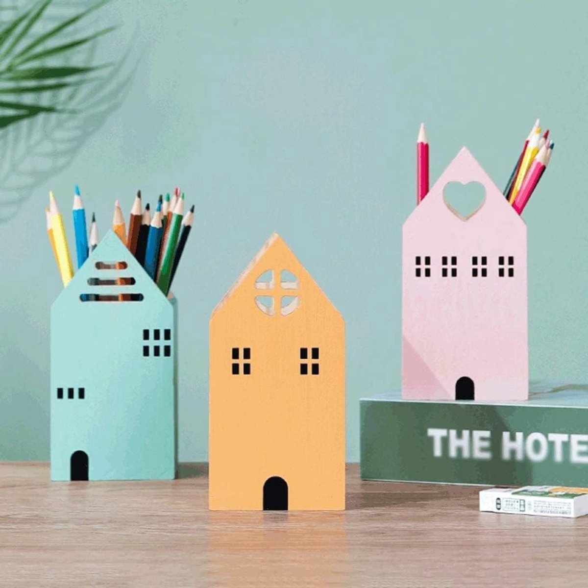 Houten schattig huisje potlood houder, multifunctionele schattige desktop decoratie, bureau potlood houder geschikt - ShopVlot