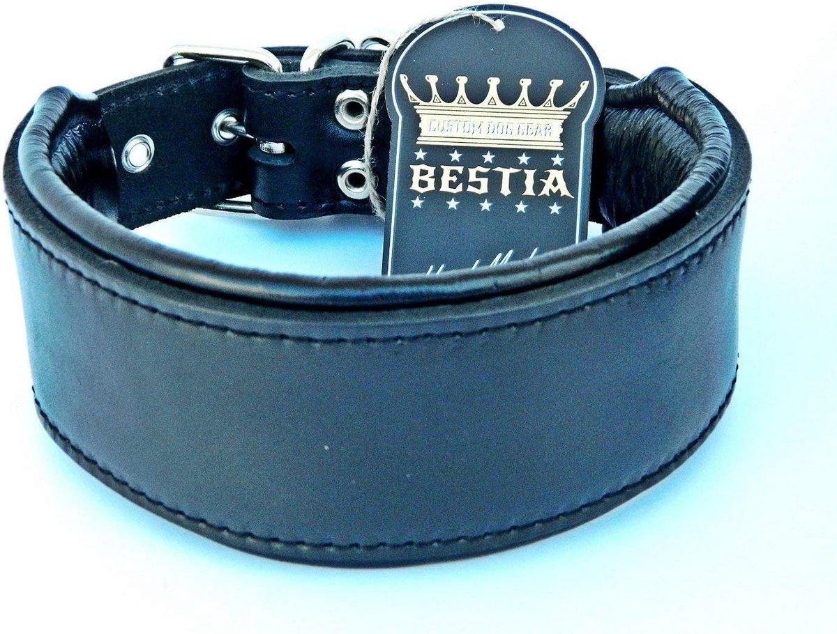 Bestia Genuine leather dog collar with soft leather lining. 6.5cm wide. Passfit. 100% genuine leather. full black - ShopVlot