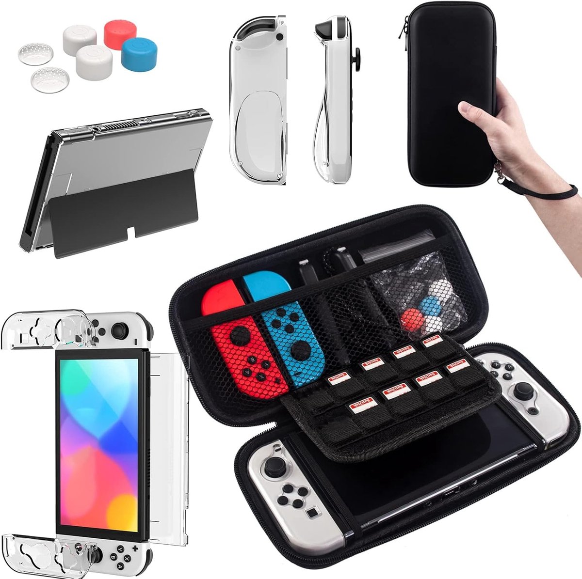 Teyomi Draagtasje compatibel met Nintendo Switch OLED-model 2021, beschermfolie, transparant hoesje compatibel met - ShopVlot