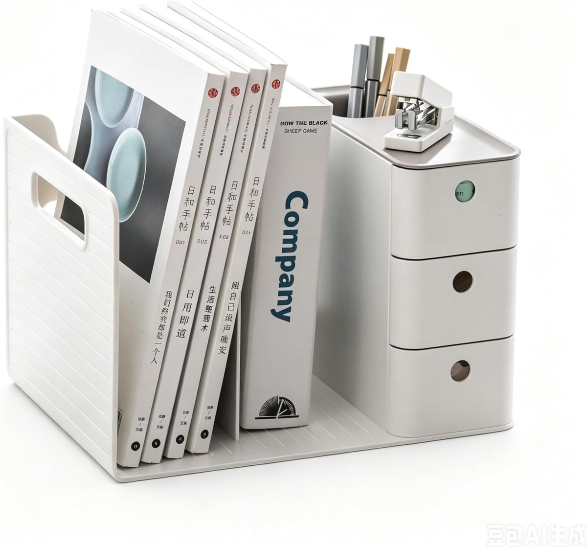 Classic desk organiser made of white plastic, 2 book holders with 3 drawer boxes and 1 pen holder. - ShopVlot