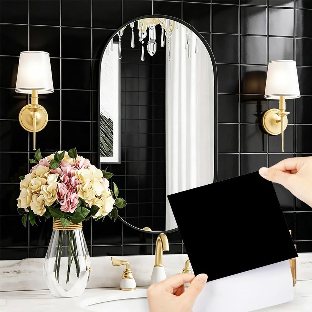Tegelstickers 15 x 15 cm zwart - tegelfolie keuken zelfklevend 48 stuks - plaktegels zwart voor badkamer - tegelstickers - badkamer tegels plakken tegelstickers - vinyl - waterdicht