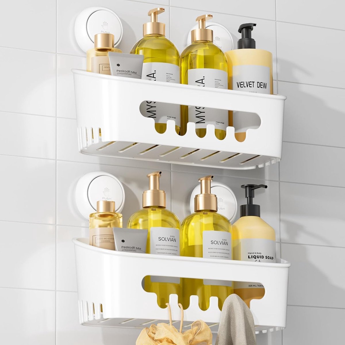 Doucheplank zonder boren met zuignap, badkamerorganizer met 4 haken, grote douchemand voor shampoo en douchegel - ShopVlot
