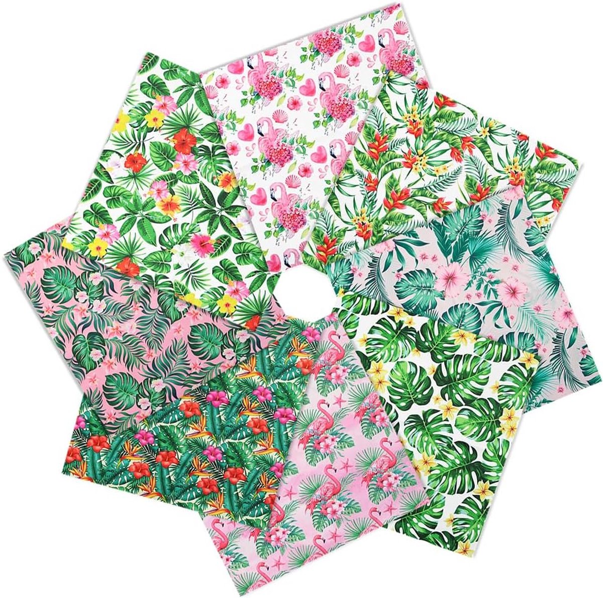 Summer Tropical Fabric 8pcs, Flamingo Hibiscus Leaves Flower Printed Fabric Squares Quilting - ShopVlot
