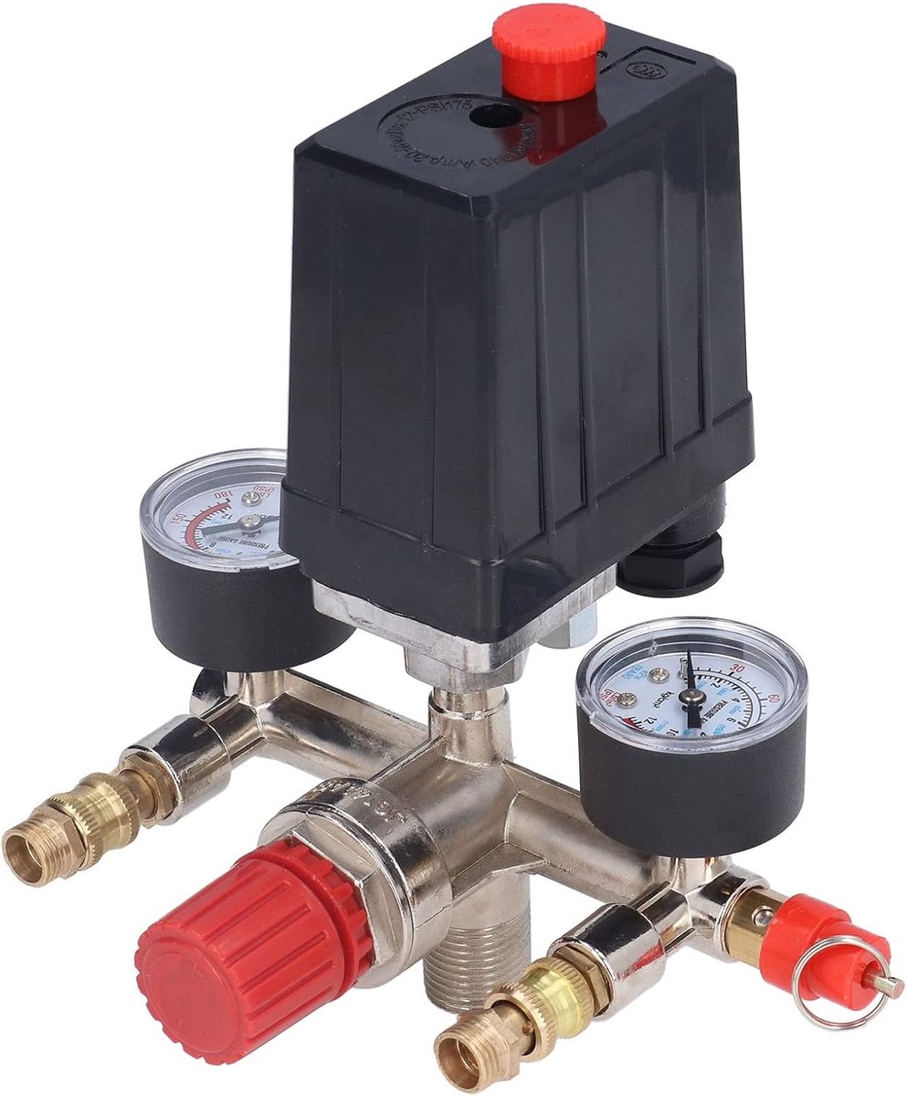 Luchtcompressor, drukventielkit, verticale schakelaar, instelbare drukschakelaar, 90 tot 120 psi, met manometers - ShopVlot