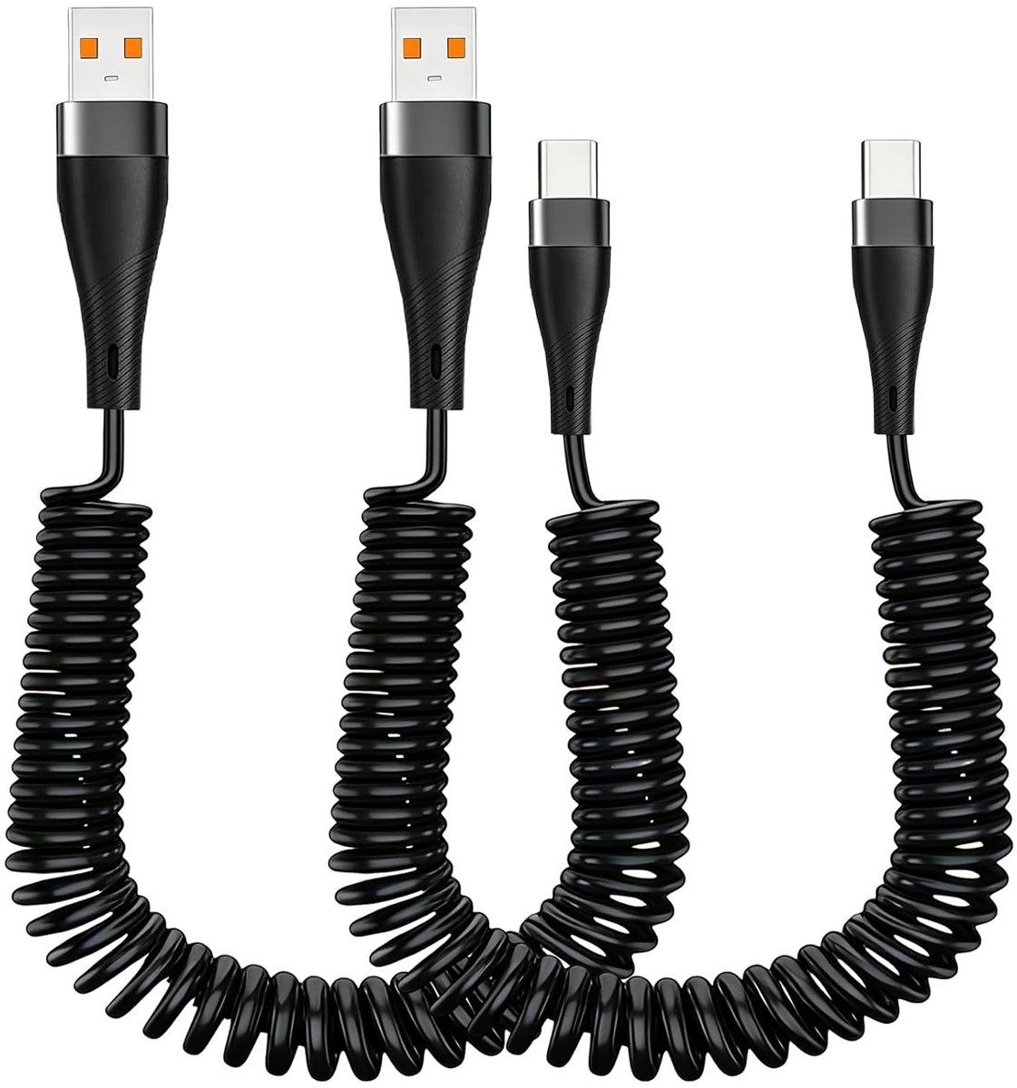 Pack of 2 coil cables, USB C spiral cable, retractable USB A to USB C, fast charging, 5A, 0.3-1.2m, fast charging and - ShopVlot