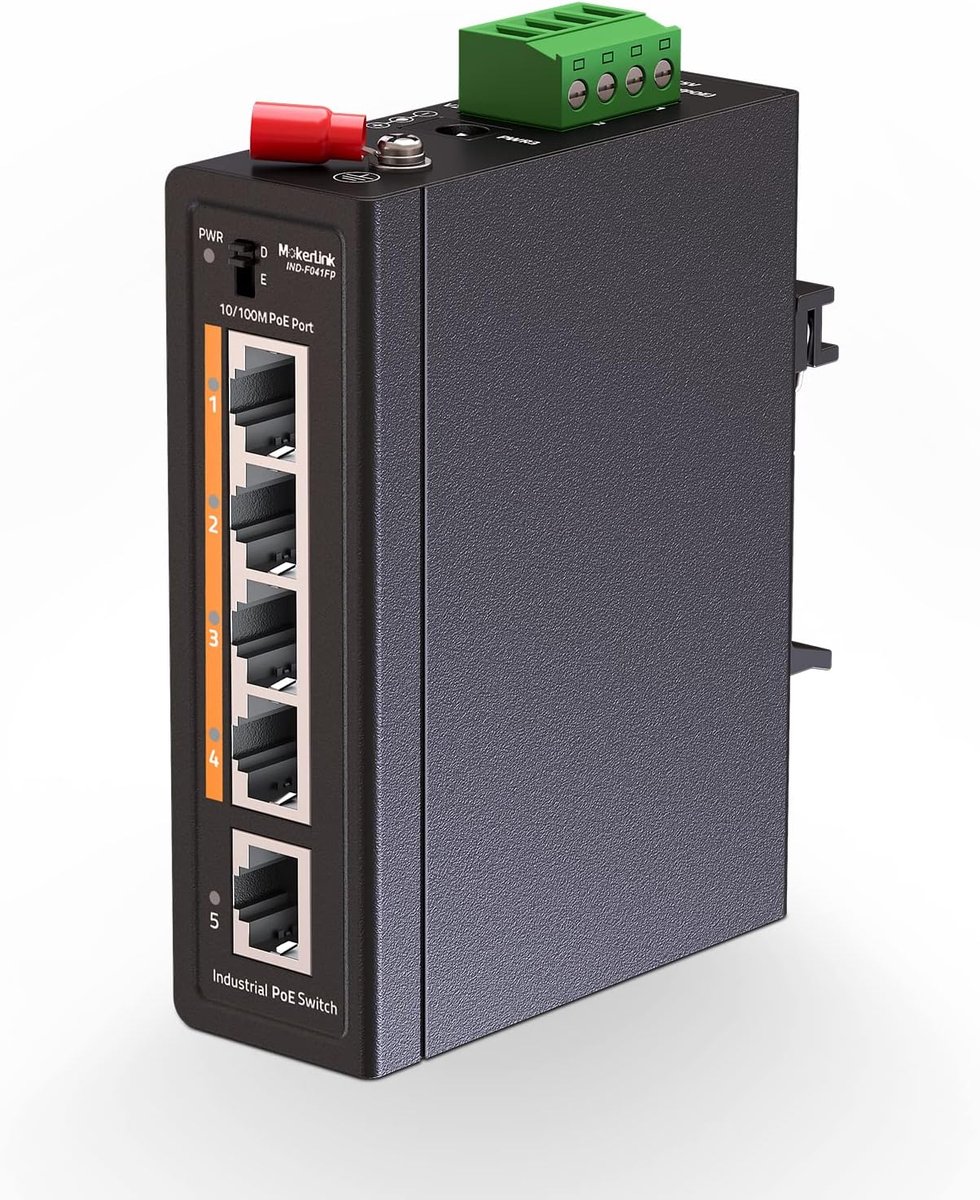 MokerLink Industrial DIN rail switch with 5 ports PoE+, 4 IEEE802.3af/at PoE+ ports, 1 uplink, Fast Ethernet 10/100 - ShopVlot