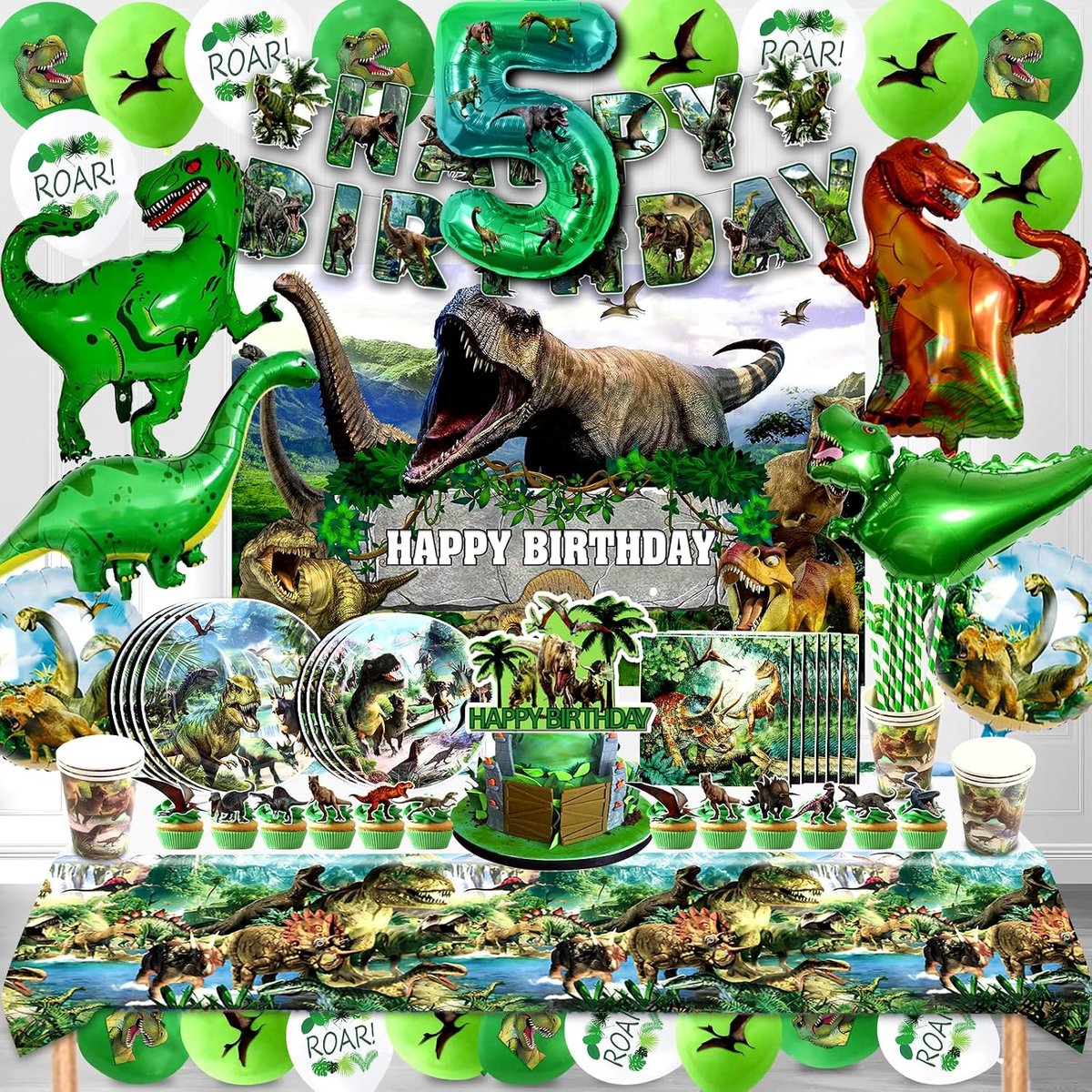 Dinosaur Birthday Decoration Set, 5 Years, 146 Pieces, Jungle, Tableware Set, Helium Balloon, Green, Animal Print - ShopVlot