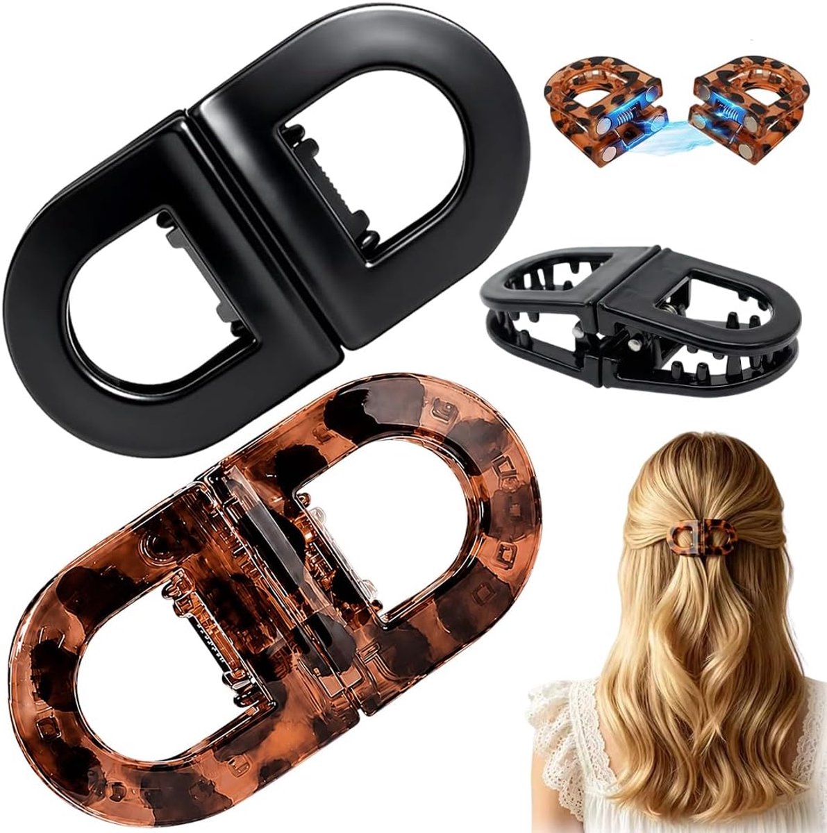 Magnetische haarspelden, 2 stuks, luipaard en zwart, sterke grip zonder trekken, naadloos design voor alledaagse - ShopVlot