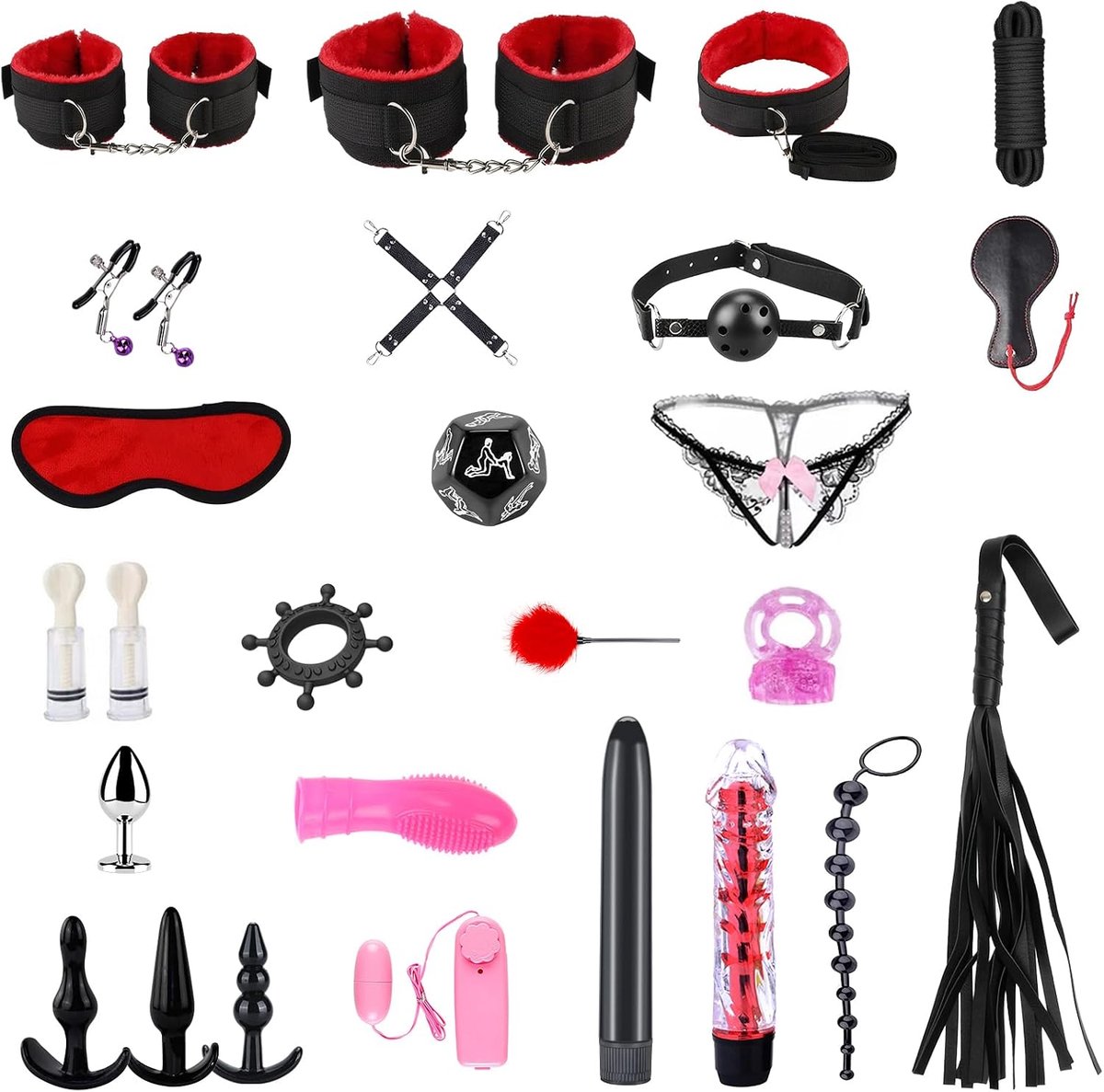 Bondage Set 26-delig fixatieset en Passion Beginner, inclusief anale plug, handboeien, vibrator, tril-eieren, enz. - ShopVlot
