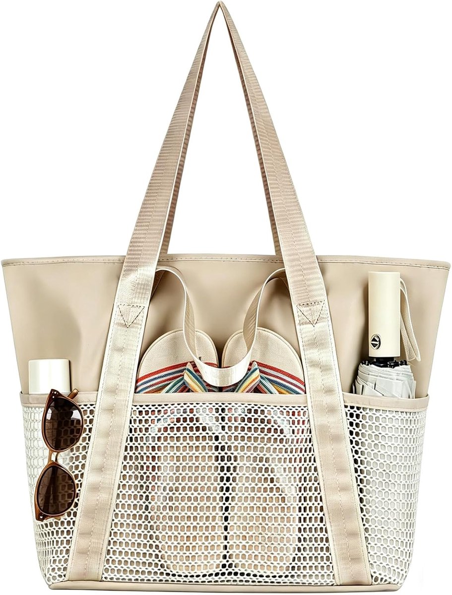 Strandtas voor dames, grote strandtas met ritssluiting, strandtas XXL, familietas, opvouwbaar, van netstof, voor - ShopVlot