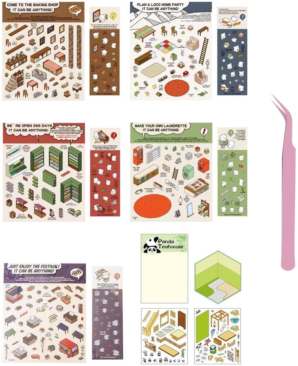Dailygoods- Stickers Mini - 6 Sets - 3D Scène Stickers - Creatieve Decoraties - Doe-Het-Zelf Woondecoratie - Inclusief Pincet - Veelkleurig Papier - Decoratiestickers