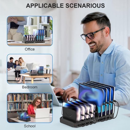 Bureaustandaard met 10 standen, inclusief USB-oplader met meerdere poorten en universele standaard voor tablets en telefoons met TYPE-C-aansluiting. — afbeelding 2