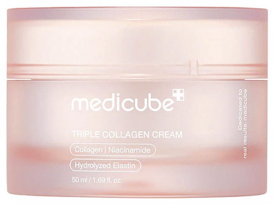 Pot Medicube Triple Collagen Cream avec le texte Collagen | Niacinamide, Hydrolyzed Elastin, 50 ml.
