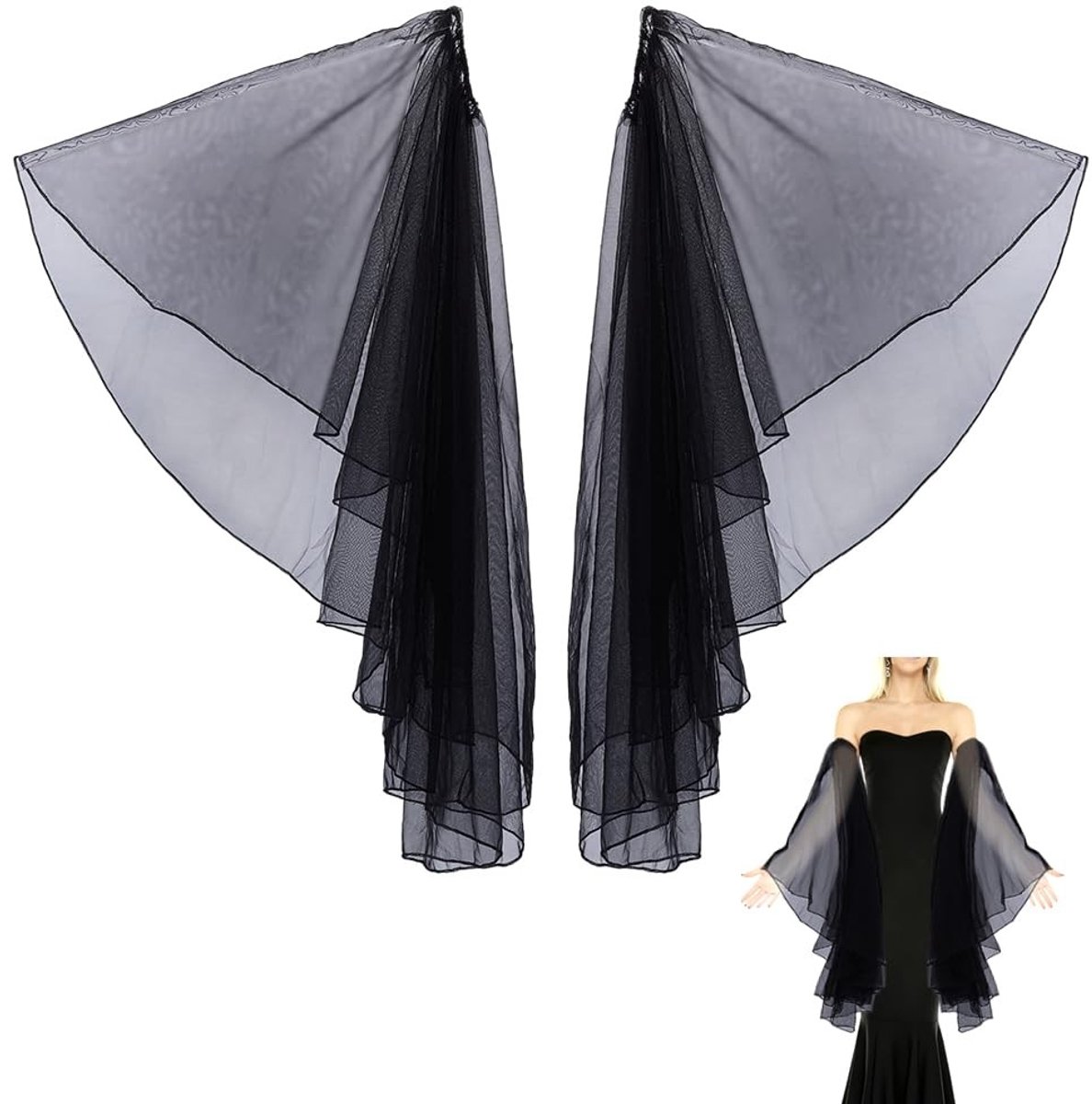Dailygoods- Tule Handschoenen 77 cm - Lange Handschoenen - Afneembare Overmouwen - Gothic Bruiloft - Halloween Kostuum - Zacht Mesh Design