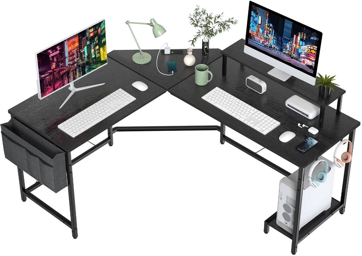 Dailygoods Hoekbureau, L-vormig bureau, met stopcontacten en USB-oplaadpoorten, multifunctioneel computerbureau, met opb