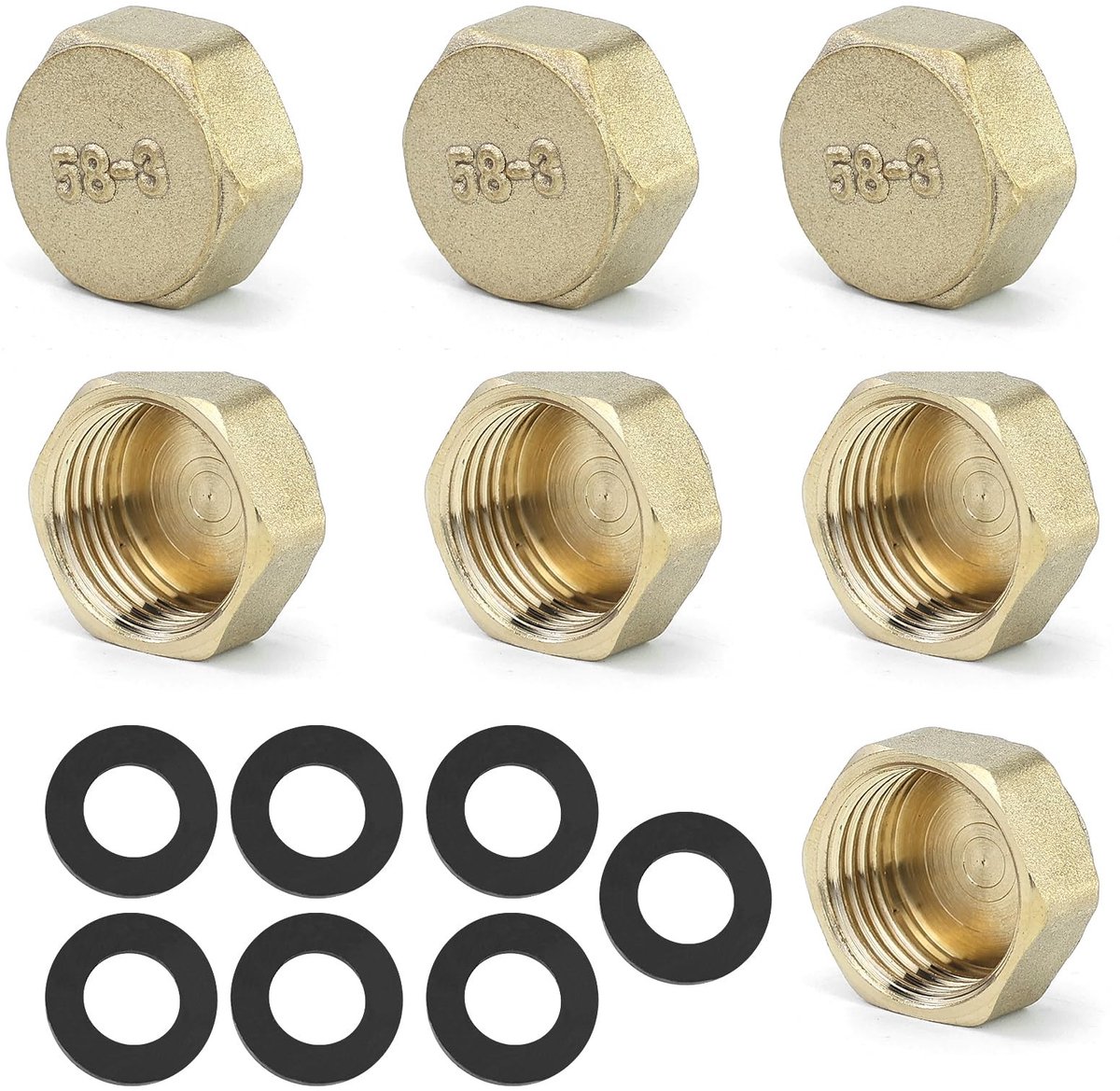 Dailygoods- Blindstoppen 7 Stuks - Afsluitdop 1/2 Inch - Rubber Afdichtingen - Messing Zeskant - Slangkappen - Eenvoudige Montage