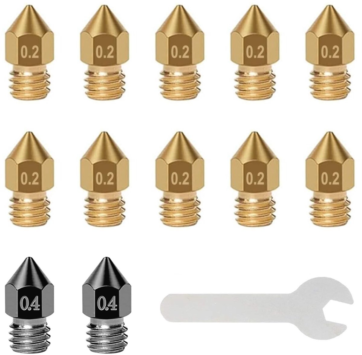 Dailygoods- Sproeiers Set 12 Stuks - 3D-Printersproeiers MK8 - 2 x 0,4 mm Geharde Stalen Sproeiers - 10 x 0,2 mm Messing Spuitmonden - Moersleutel - Hoge Thermische Sterkte - Spuitmond