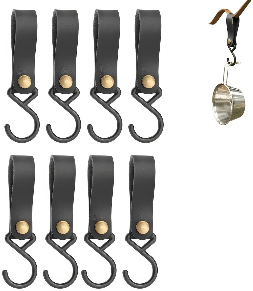 Dailygoods- Haken 8 Stuks - Multifunctionele S-haken - Metalen Haken - Campinghaken - Haken met Leren Lus - Maximaal Draagvermogen 5 kg - Ophanghaak
