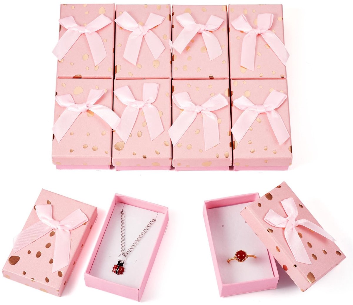 Dailygoods- Sieraden Doos 12 Stuks - Kartonnen Dozen - Polka Dot Patroon - Roze - Met Strik - Afmetingen 8 x 5 cm - Verpakkingsdozen